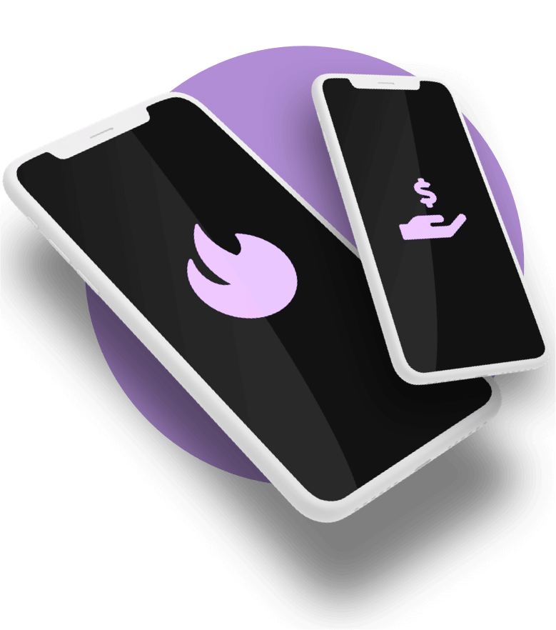 Two White Clay Mobile Phones On a Purple Circle With Purple Flame On Screen