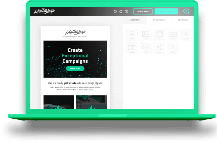 Green laptop showcasing the Mail Blaze email campaign builder