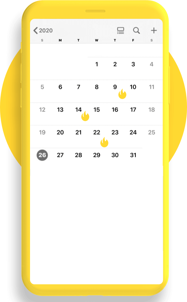 Yellow mobile phone with calendar showing days highlighted with Mail Blaze flame icon