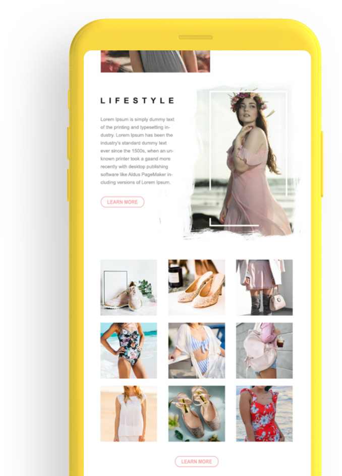 Yellow mobile phone with email marketing template showing a text and image content block