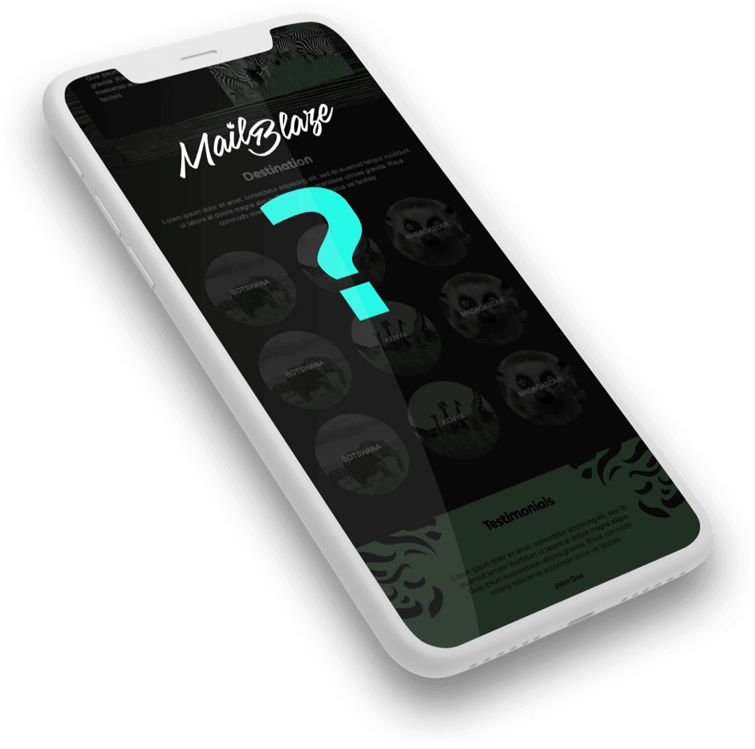 Mail Blaze logo on a phone with a question mark on the phone ready to answer your questions