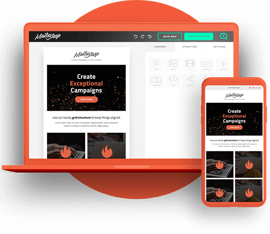 Orange laptop and mobile phone in a circle showing email builder and template to design an email template