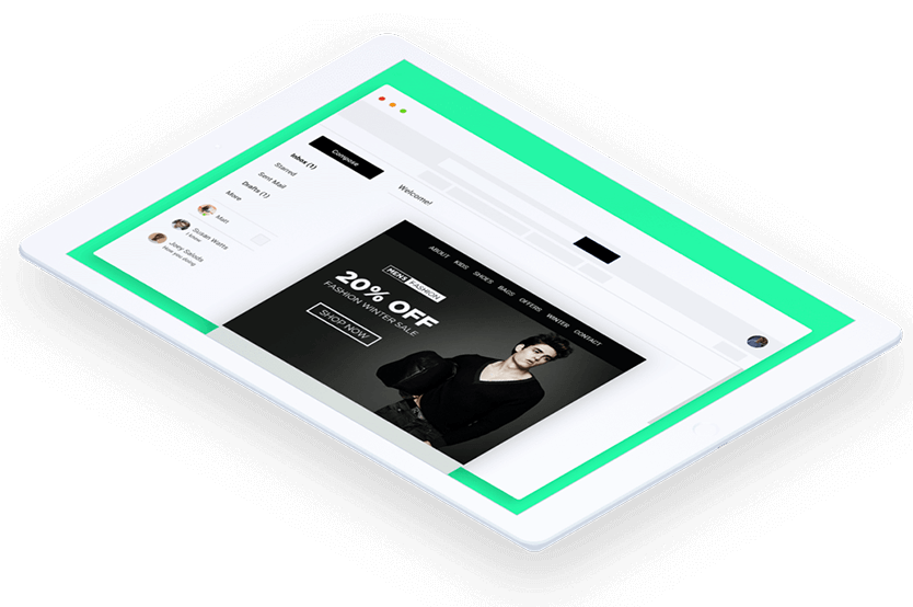 White tablet showcasing an email template in the email client Gmail with green gradient background