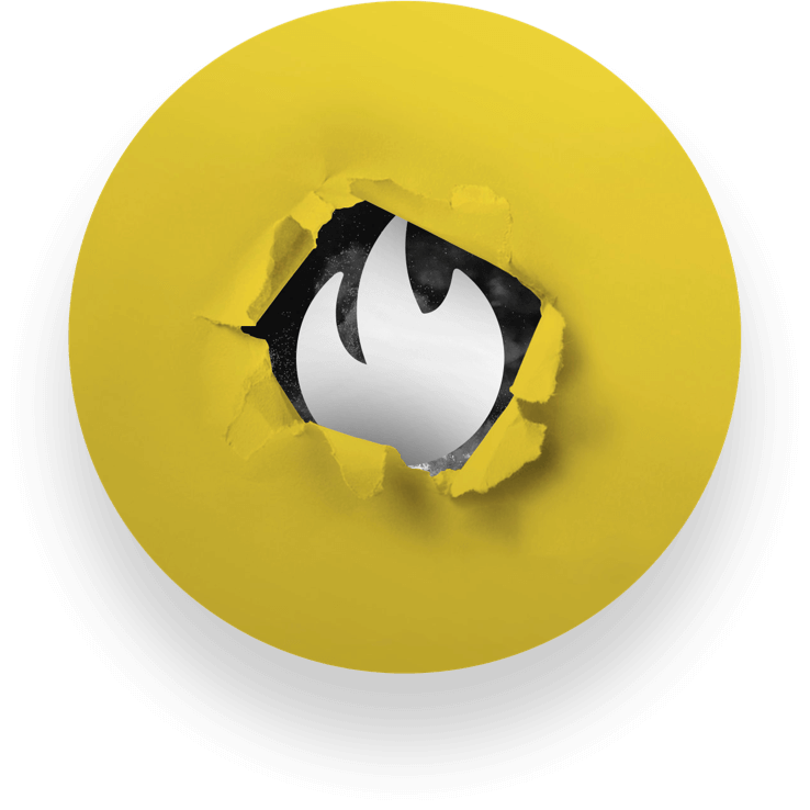Yellow circle with white flame emblem peeking out